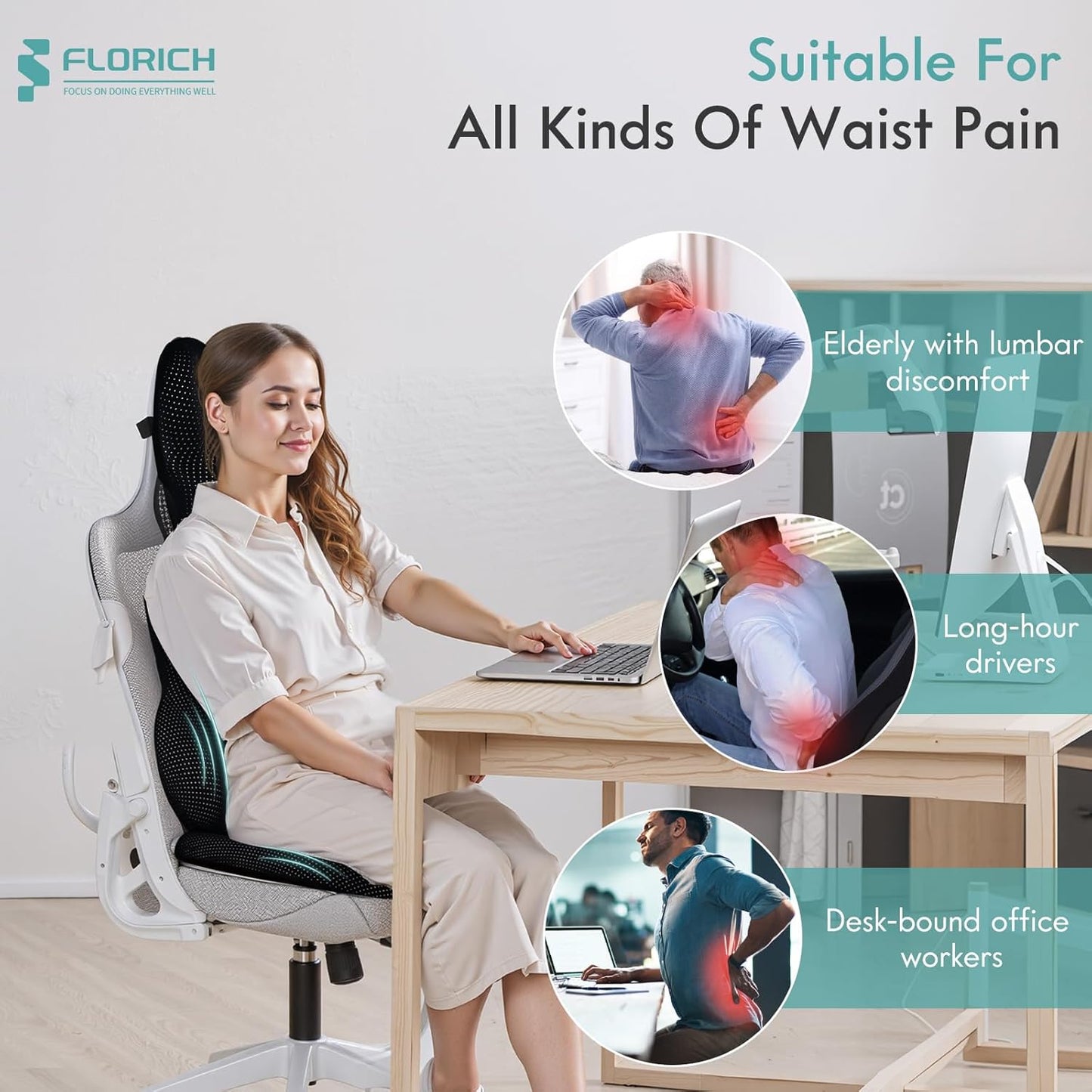 FLORICH Car Seat Cushion and Lumbar Support Pillow for Office Chair Car, Neck Headrest Pillow, Ergonomic Memory Foam, Pressure-Relieving Back Support for Car, Office Chair & Wheelchair – Black