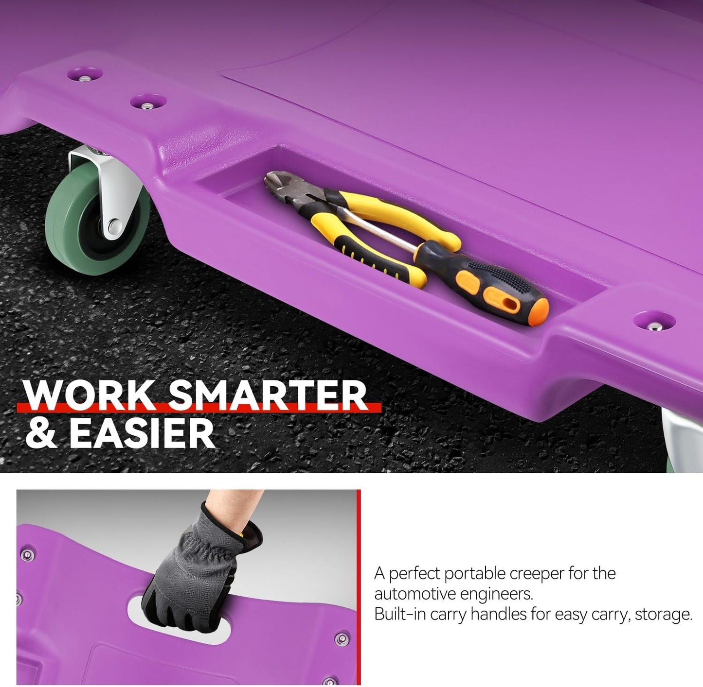 Auto Dynasty 40 Inches Mechanic Creeper, Automotive Garage Repair Low Profile Under Car Rolling Creeper with Padded Headrest, Plastic, Purple