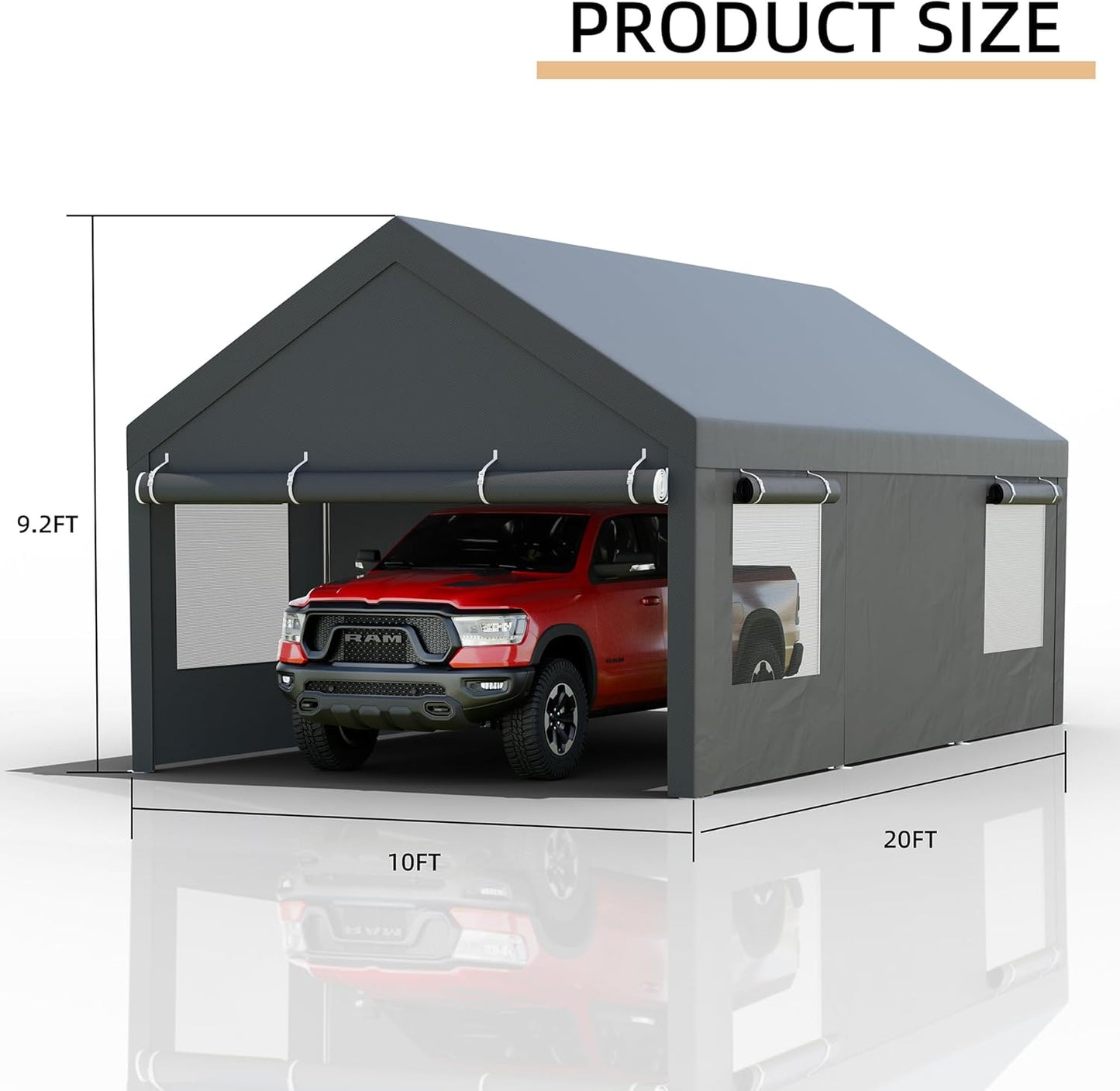JY QAQA 10x20 FT Heavy Duty Carport with Removable Side Walls and Doors, Portable Garage with Roll-Up Window and Sandbags, Car Canopy with All-Season Tarp for Cars, Trucks, Boats, Grey