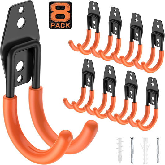 8 Pack 4.7x2.6 Inch Utility Steel Wall Mount Heavy Duty Garage Hooks with Anti-Slip Coating,Storage More Yard,Garden and Power Tools and for Hanging Hose,Ladder and Bike
