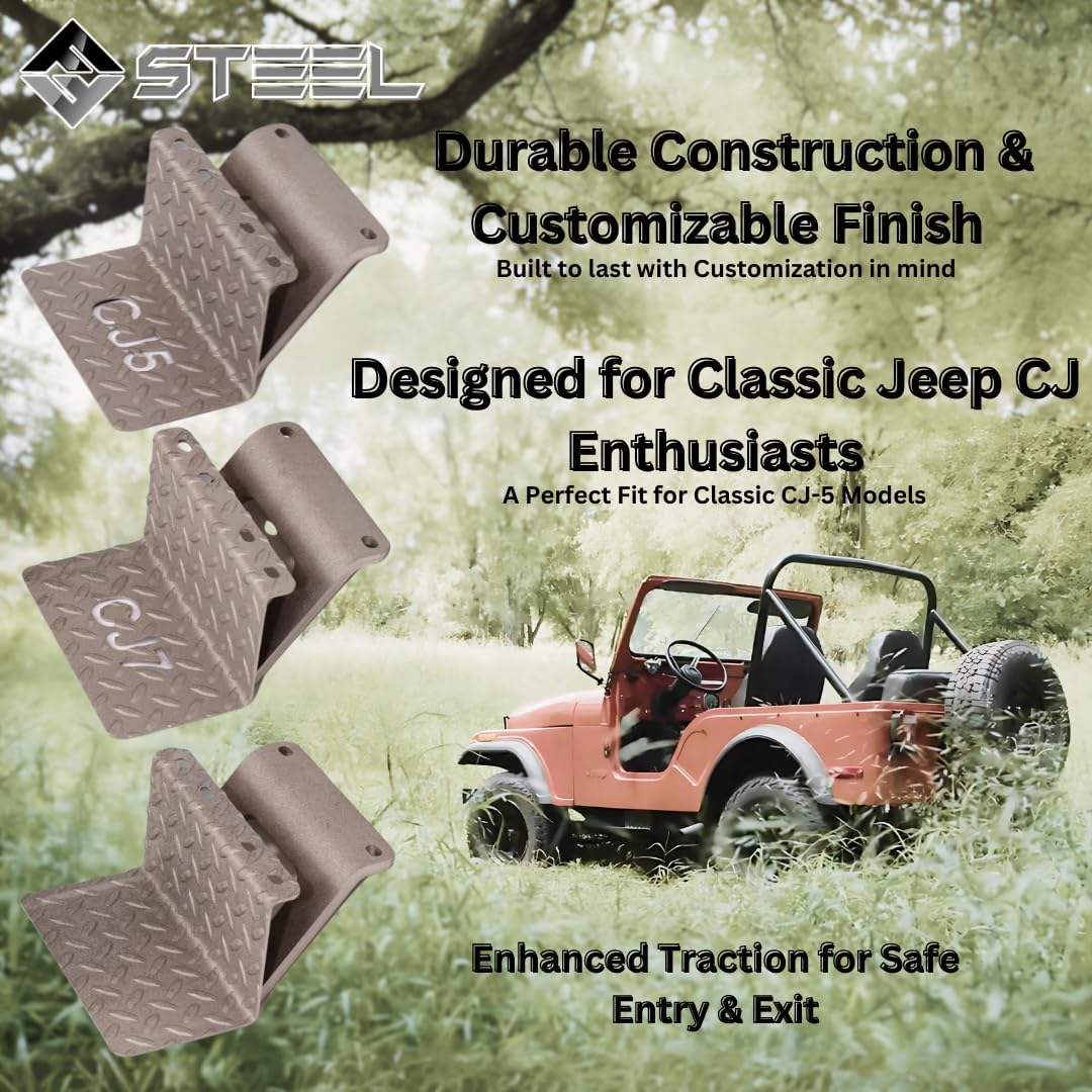 CJ5 Side Steps Compatible with Jeep © CJ Vehicles (Pair) - Solid Steel Construction - Metal Diamond Treadplate Traction Design - Universal Fitment on Classic CJ-5 (CJ5 Cutout)