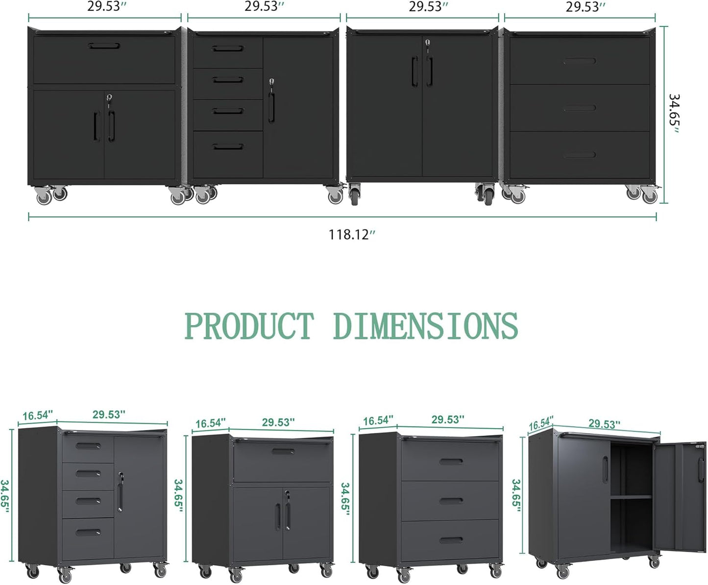 Metal Tool Cabinet,Garage Storage Cabinet System,Wall Cabinet & Locking Rolling Tool Cabinet with Doors and Adjustable Shelves,Steel Tool Cabinets for Home,Office (4 Pcs-StyleC, Black)