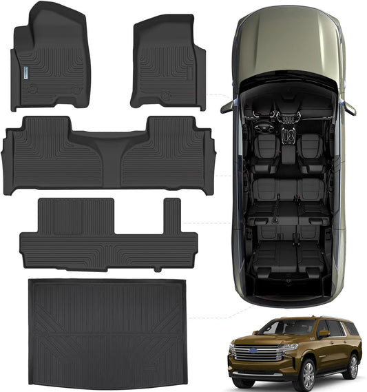 Floor Mats & Trunk mat for 2021-2024 2025 Chevrolet Suburban 8 Seats with 2nd Row Bench Seats（not fit 7 Seats）/GMC Yukon(Only Fit XL)，TPE Floor Liners & Trunk mat for Chevy Suburban
