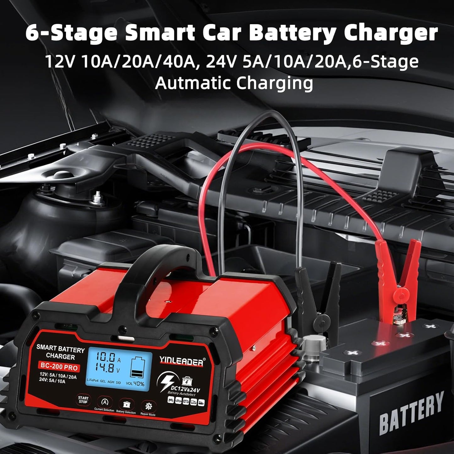 Battery Charger 20A, 12V/24V Lead Acid Smart Battery Charger, 12V LiFePO4 Car Battery Trickle Charger, Automatic Battery Maintainer for Car Motorcycle Lawn Mower Marine Boat Lead Acid Batteries