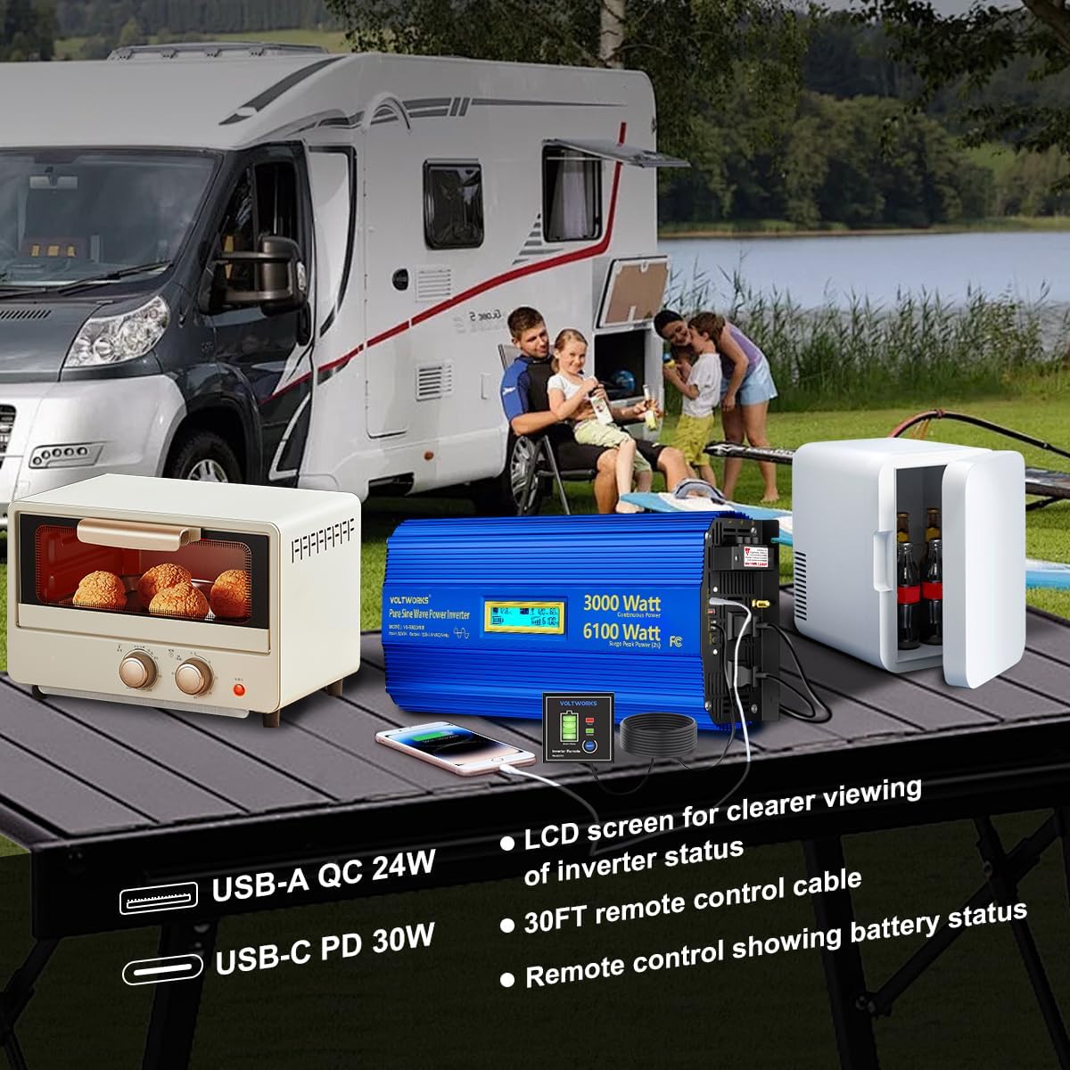 3000 Watt Pure Sine Wave Power Inverter 3000W 12V to 110V 120V AC, 6000W Surge Peak Power for 2 Seconds, UL Fuses, Compatible with Lithium Battery, Car Off-Grid Solar RV Truck Vehicle VOLTWORKS