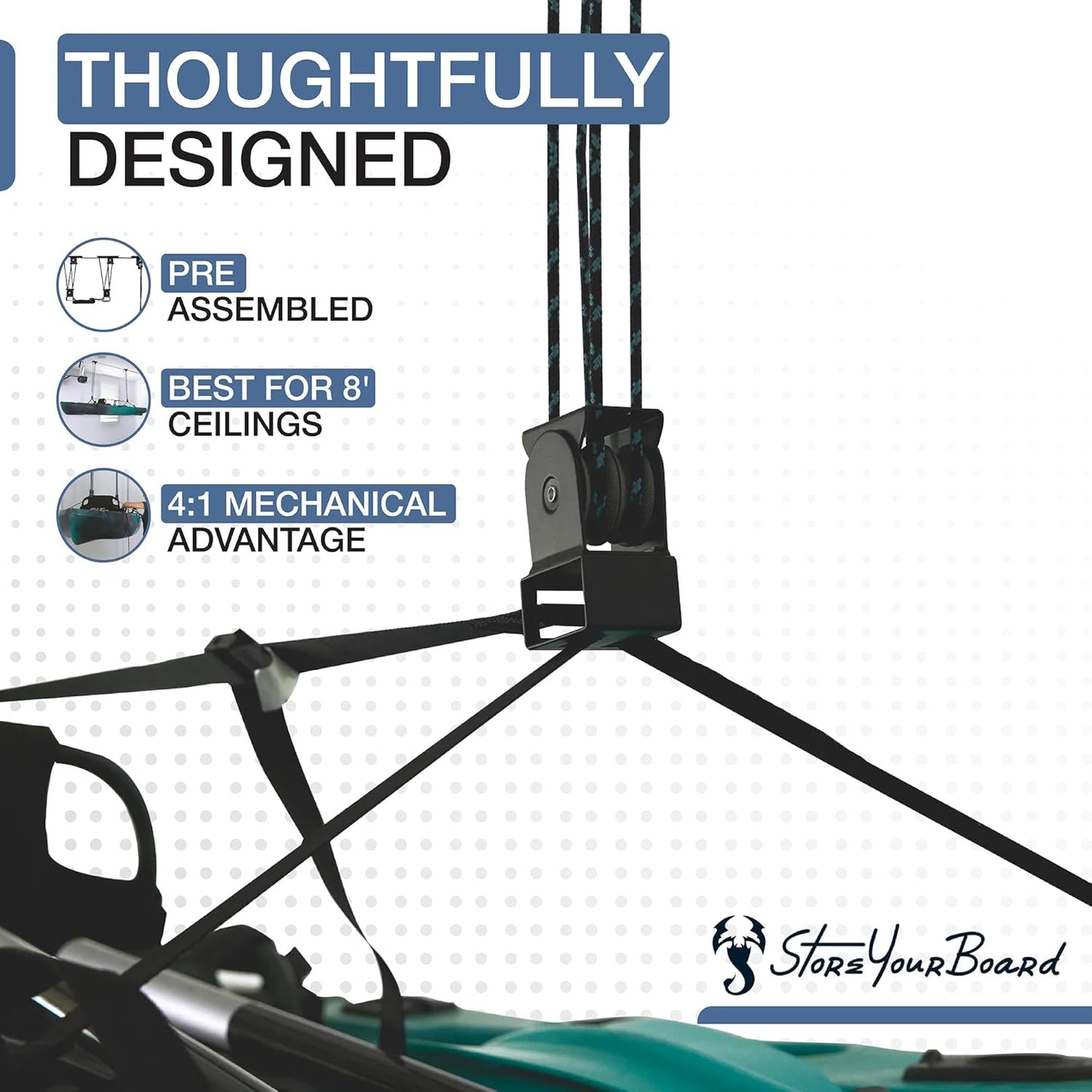 Teal Triangle Heavy Duty Elite Kayak Hoist, Easy-Lift Garage Pulley System, Holds 150 lbs, Fits 12-Foot+ Ceilings, Patented No-Slip Strap, No Setup Required