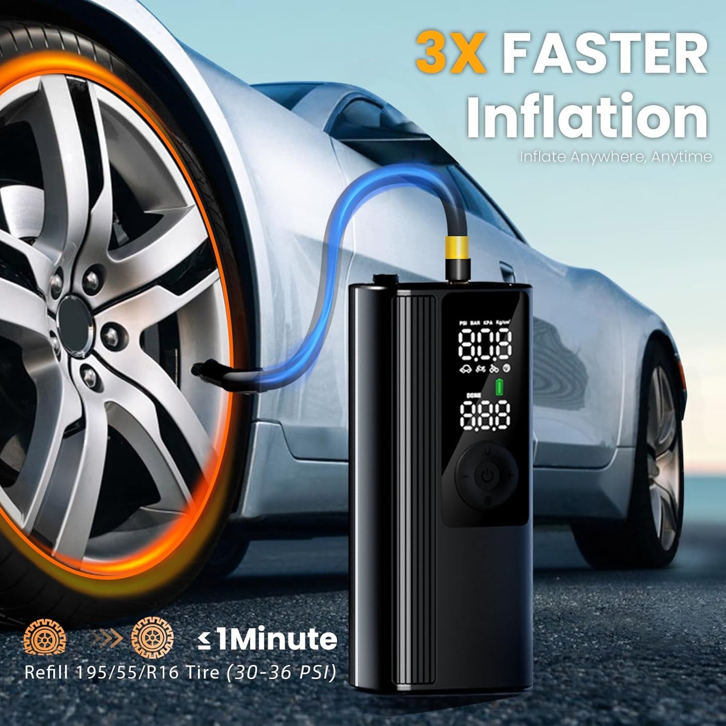 Tire Inflator Portable Air Compressor, Cordless Air Pump for Car Tires with Digital Pressure Gauge, 150 PSI Fast Tire Inflator for Car, Motorcycle, Bicycle - LED Light and Auto Shut-Off