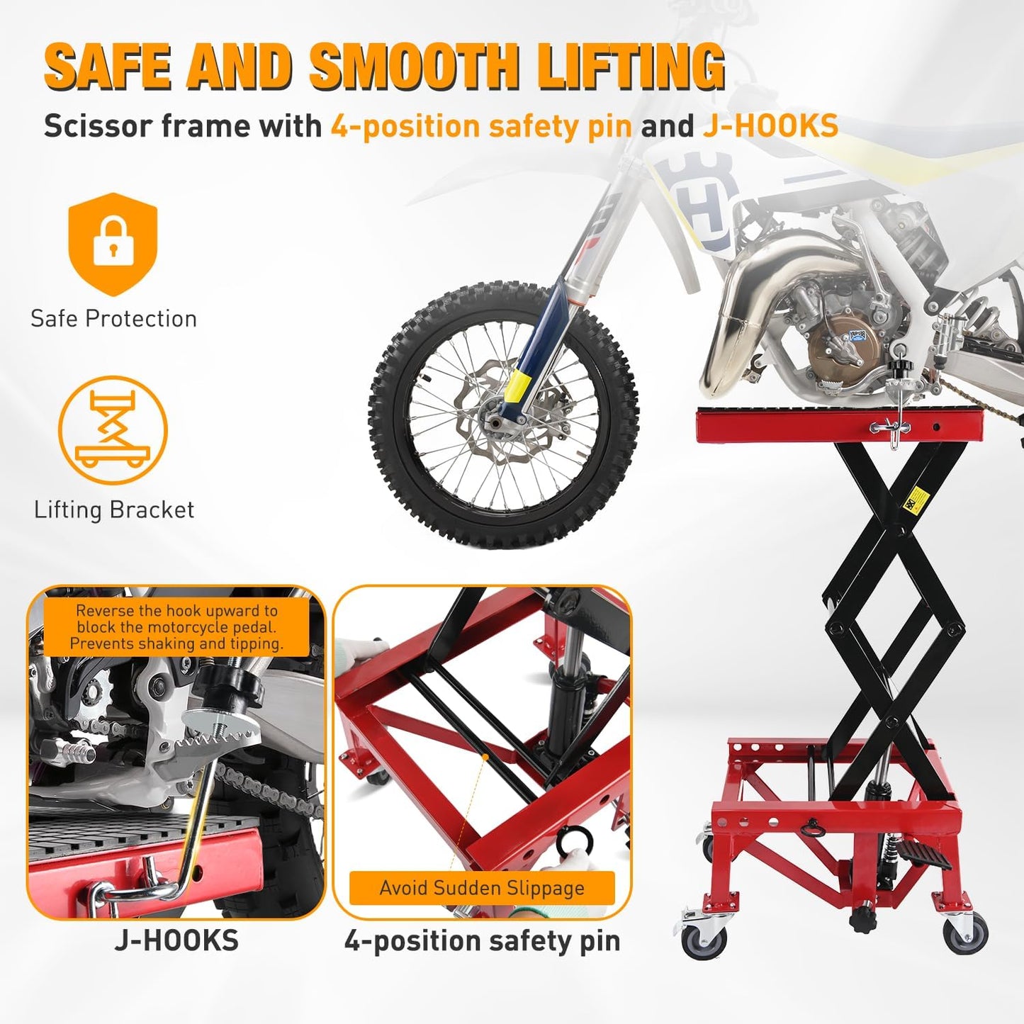 Nilight Motorcycle Lift Table Jack 300 LBS Heavy Duty Hydraulic Motorcycle Scissor Jack Lifts Table Foot Pedal with 4 Caster Wheels Wide Deck for Motorbike Dirt Bike ATV Garage Repair Tool, Red