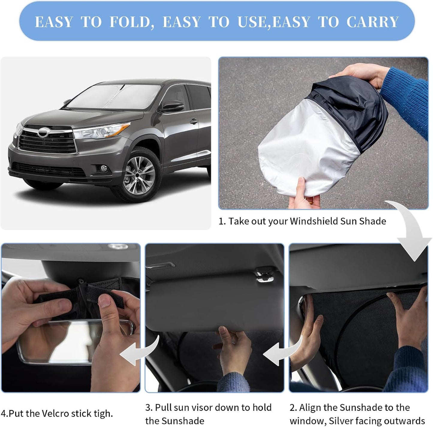 Compatible with Toyota Highlander 2014-2019 Sun Shade Sunshade Windshield Cover, 4-Layer Front Window Shade Custom Fit Visor 240T Foldable Shade Blocks UV Rays Cooler Car Accessories