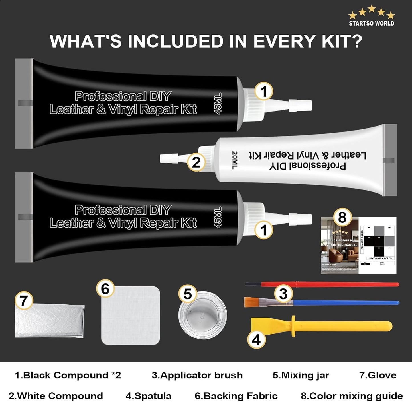 STARTSO WORLD Black Leather Repair Kit, Vinyl Repair kit for Car Interiors, Furniture, Couches, Car Seat, Sofa, Jacket and Purse, Restores Faux, Artificial, Genuine Pleather