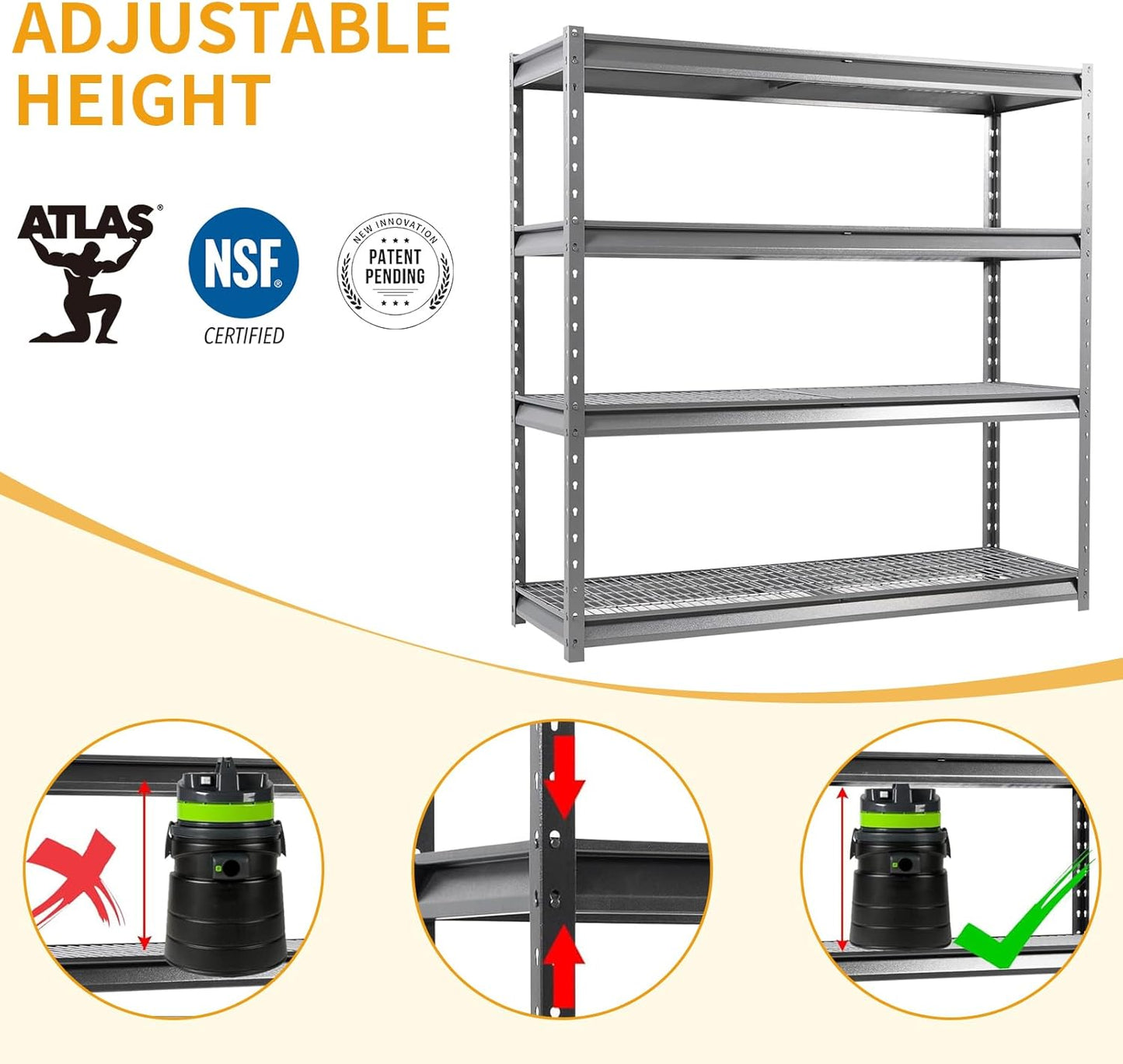 The Atlas 72" W Heavy Duty Garage Shelving Load 8000 Lbs, 4 Tier Metal Storage Shelves, Adjustable Industrial Steel Rack for Warehouse Basement Shop, 72" W x 24" D x 72" H, Grey