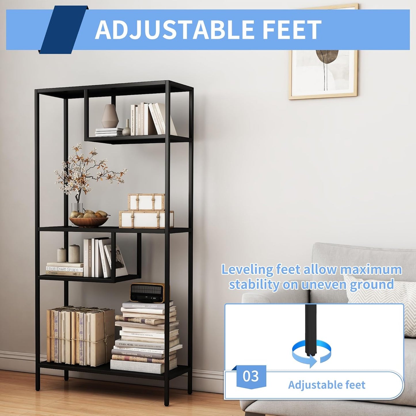 Metal Storage Shelves, 70.9” Tall Geometric Bookshelf, Floor Standing Display Shelving Unit Home Decor Furniture for Office, Bedroom, Living Room, Easy Assembly, Black