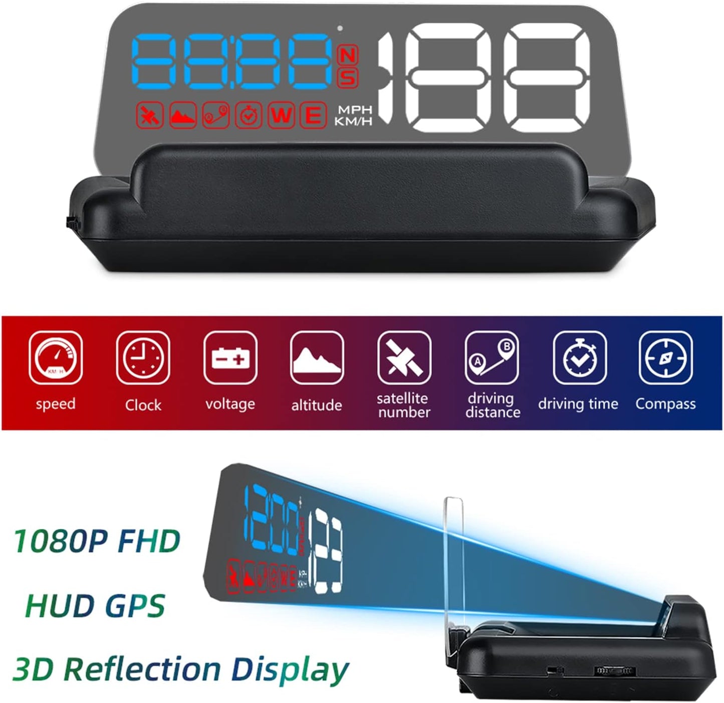 Universal Car HUD Head Up Display T900, with Satellite Clock, Single Driving Time and Single Driving Distance, Work for All Vehicles
