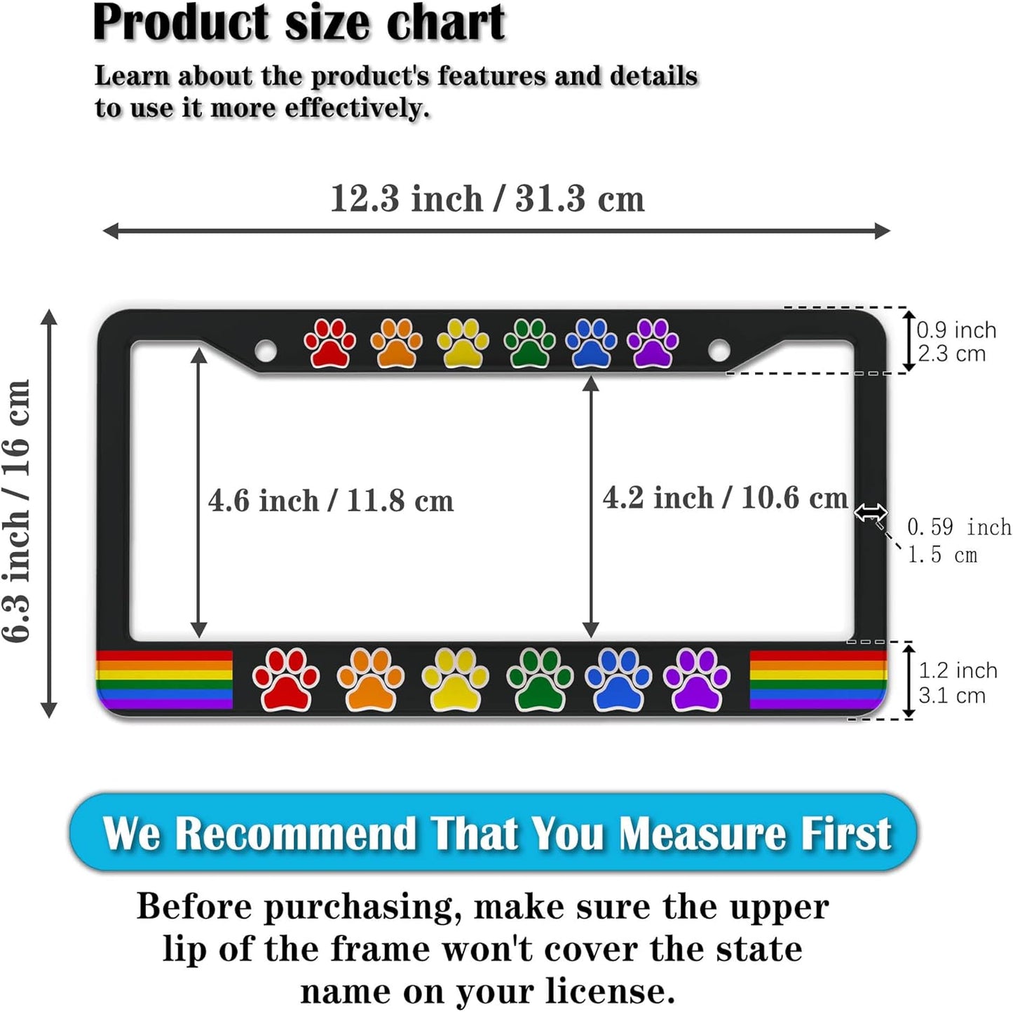 License Plate Frames for Women Multicolor License Plate Holder for Men Gay Rainbow Paw Universal Aluminum Car Accessory 2 Pack with Screw Covers Set