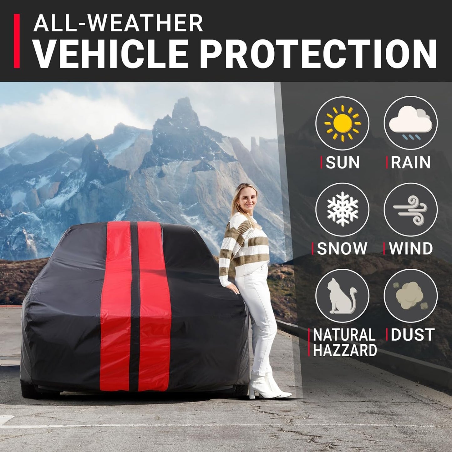 iCarCover Premium Plus Car Cover for 1973-1977 Chevy El Camino Waterproof All Weather Rain Snow UV Sun Hail Protector for Automobiles, Full Exterior Indoor Outdoor Car Cover (Stripe - Black/Red)