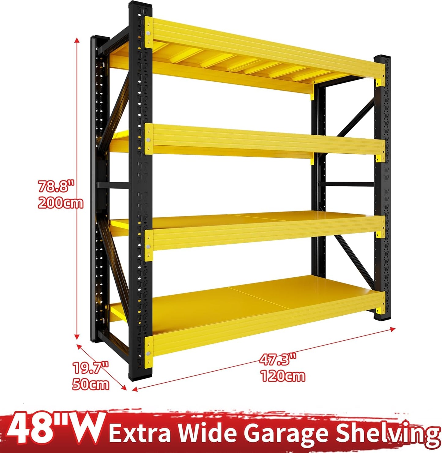4000LBS Garage Shelving 48" W Garage Shelving Heavy Duty 4-Tier Metal Storage Shelves Adjustable Shelf Unit Storage Rack for Basement Supermarket Warehouse 48" W x 20" D x 78" H Yellow