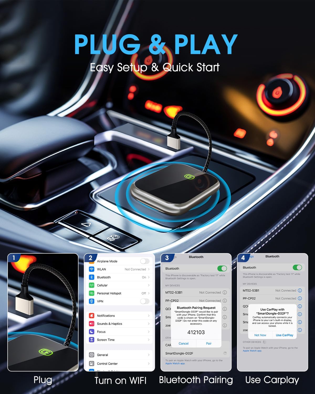 Wireless CarPlay Adapter - Fast & Stable Connection for Carplay Wireless Adapter Convert Factory Wired to Wireless CarPlay Dongle Plug & Play Car Play Fit for iPhone iOS 10+ (Dark Gold)