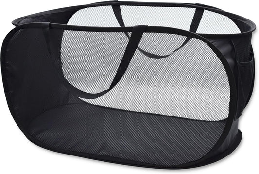 HONOMA Sturdy Mesh Laundry Hamper Basket Bag,Pop up Basket with Side Pocket for Laundry Room, Bathroom, Kids Room, College Dorm or Travel (Pop Horizontal, Black)