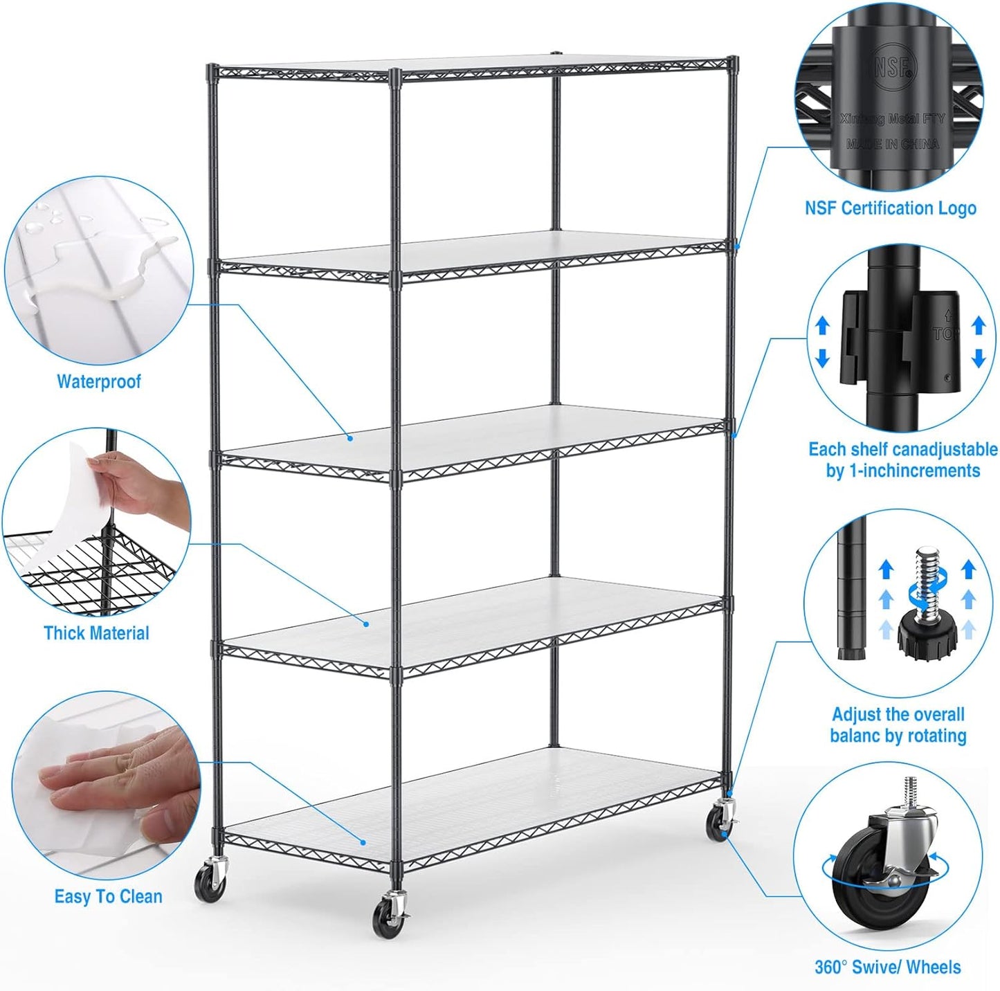 pouseayar Black 5 Tier Shelf Wire Shelving Unit, 6000lbs Capacity NSF Metal Heavy Duty Adjustable Storage Rack with Wheels & Shelf Liners, 82" H x 48" L x 24" D