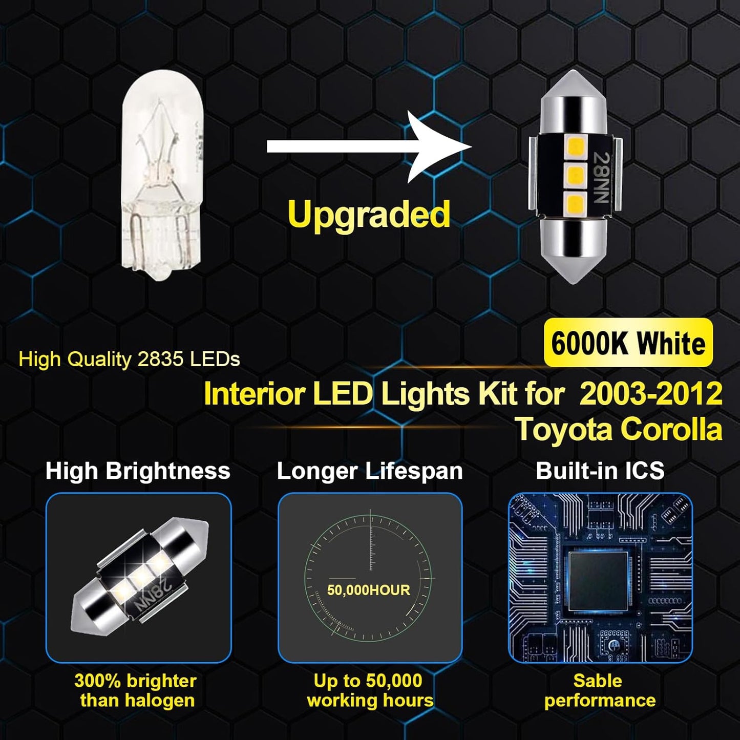 EASY EAGLE LED Interior Car Lights for Toyota-Corolla-2003-2012: 6 Piece Kit White LED Light Bulbs - Super Bright 6000K + Install Tool