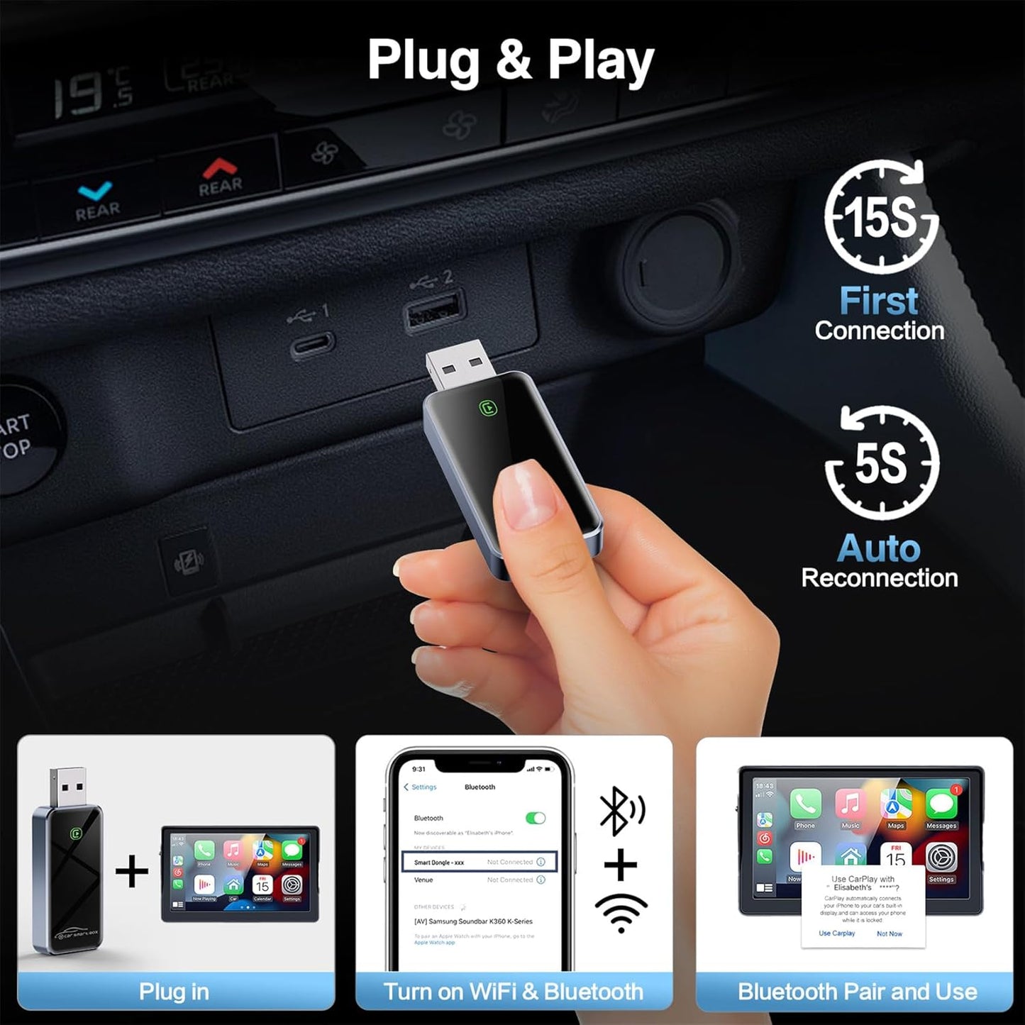 Wireless CarPlay Adapter for Apple - 2025 Slim Edition, Plug & Play Connection Converts Factory Wired to Wireless CarPlay Adapter for iPhone CarPlay Dongle for iOS 10+ (Black)