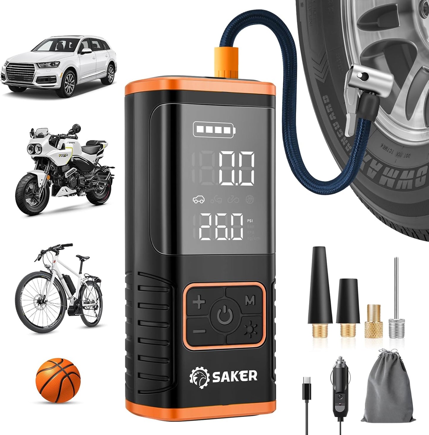 Saker Tire Inflator Portable Air Compressor - 150PSI Car Tires Air Pump with Tire Pressure Gauge Led Light, 7500mAh Battery & 12V DC Smart Tire Inflator for Car, Motorcycle, Bike Tire, Ball