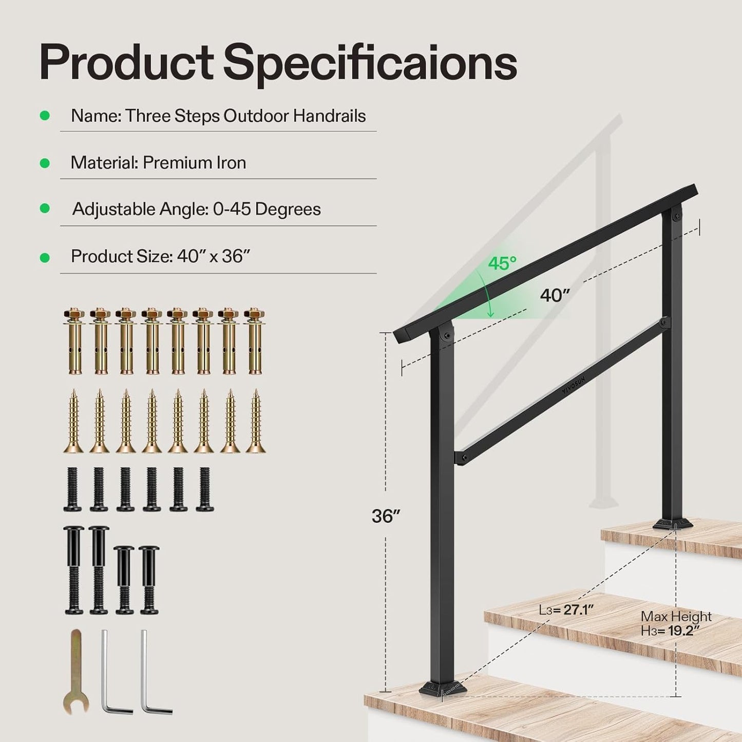VIVOSUN Outdoor Handrail, 3 Step Stair Handrail, 40" x 36" Fits 1 to 3 Steps, Wrought Mattle Iron Handrail for Concrete Steps, Porch Steps, One-Step Assembly, Black