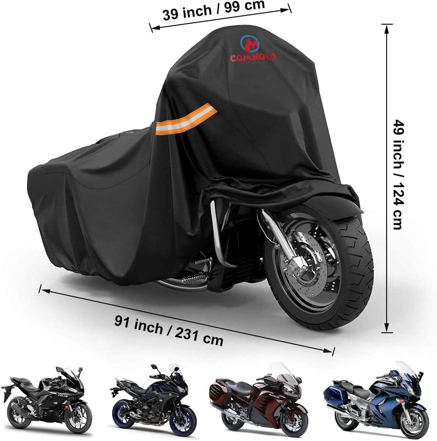 Comnova Motorcycle Cover 91 Inch - 600D Outdoor Moped Cover with Lock Hole Universal Fit, Heavy Duty & Waterproof Motor Cycle Protection for Harley, Honda, Kawasaki, Fit Up to 91" Motorcycles