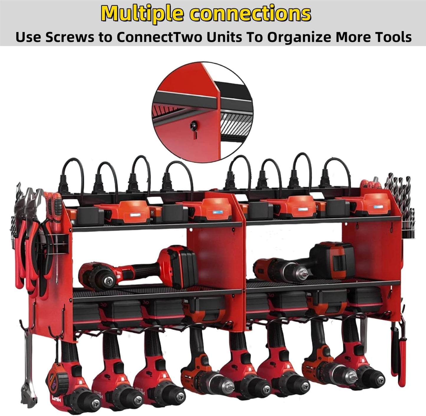 Power Tool Storage Rack, Garage Wall Mount Tool Rack, 4 Drill Bit Holders with Hooks, Screwdriver, Drill Bit Heavy Duty Holder, Tool Battery Holder, Built-in 8-Outlet Power Strip