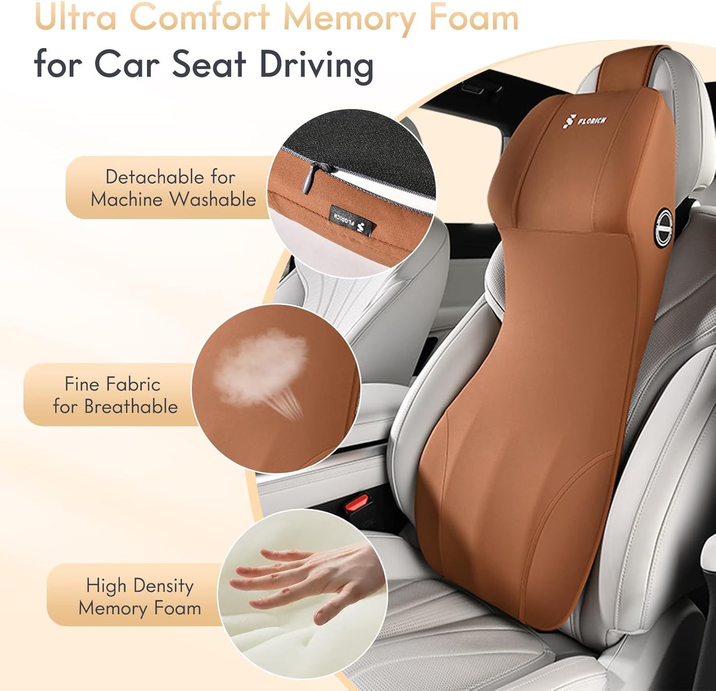 FLORICH Car Seat Lumbar Support with Headrest Pillow Memory Foam Car Lumbar Pillow Back Support Cushion 2-in-1 Ergonomic Back Rest Pillow & Car Neck Pillow for Driving Tailbone Pain Relief, Brown