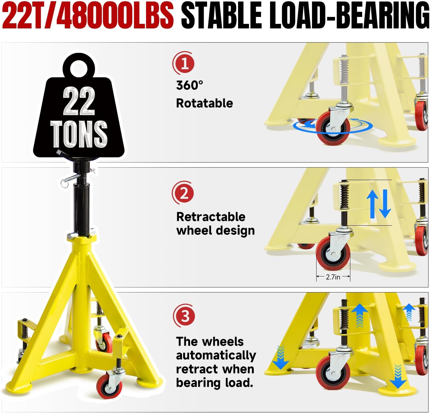 22 Ton (48,000 lbs) Jack Stands Heavy Duty Jack Stand Double Locking Pin Type Car Jack Stand Adjustable Height to 43'' with 360° Wheels for Garage, Repair Shop and DIY, 1 Pair