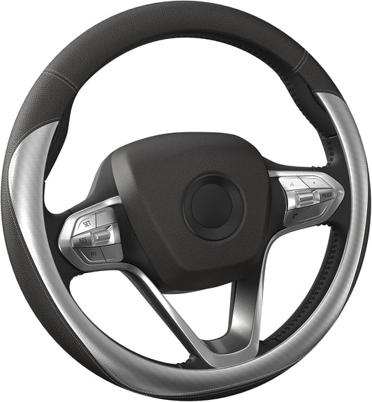 HOTOR Car Steering Wheel Cover - Universal Car Accessory for Diverse Cars, Durable Leather Cover with Anti-Slip Lining, for Steering Wheel with a Diameter of 14.5"-15", Carbon Gray