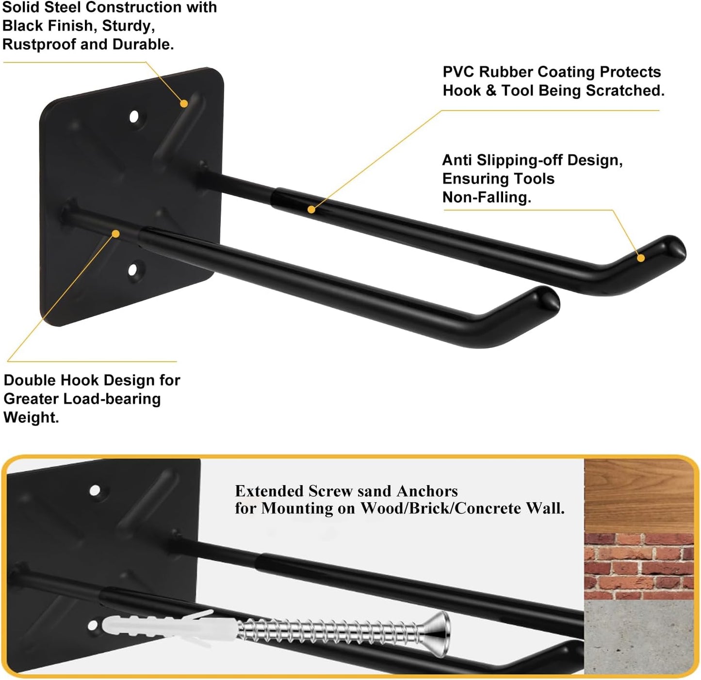 Steel Garage Storage Hooks Wall Tool Organizer, 14 Inch Garage Hook Heavy Duty Utility Storage Hangers Black for Ladders, Chairs, Garden Tools, Set of 4