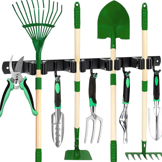 Mop and Broom Holder Wall Mount 4 Racks and 5 Hooks Broom Organizer Storage Tool Racks Stainless Steel Heavy Duty Hooks for Home Kitchen Garden Laundry Garage