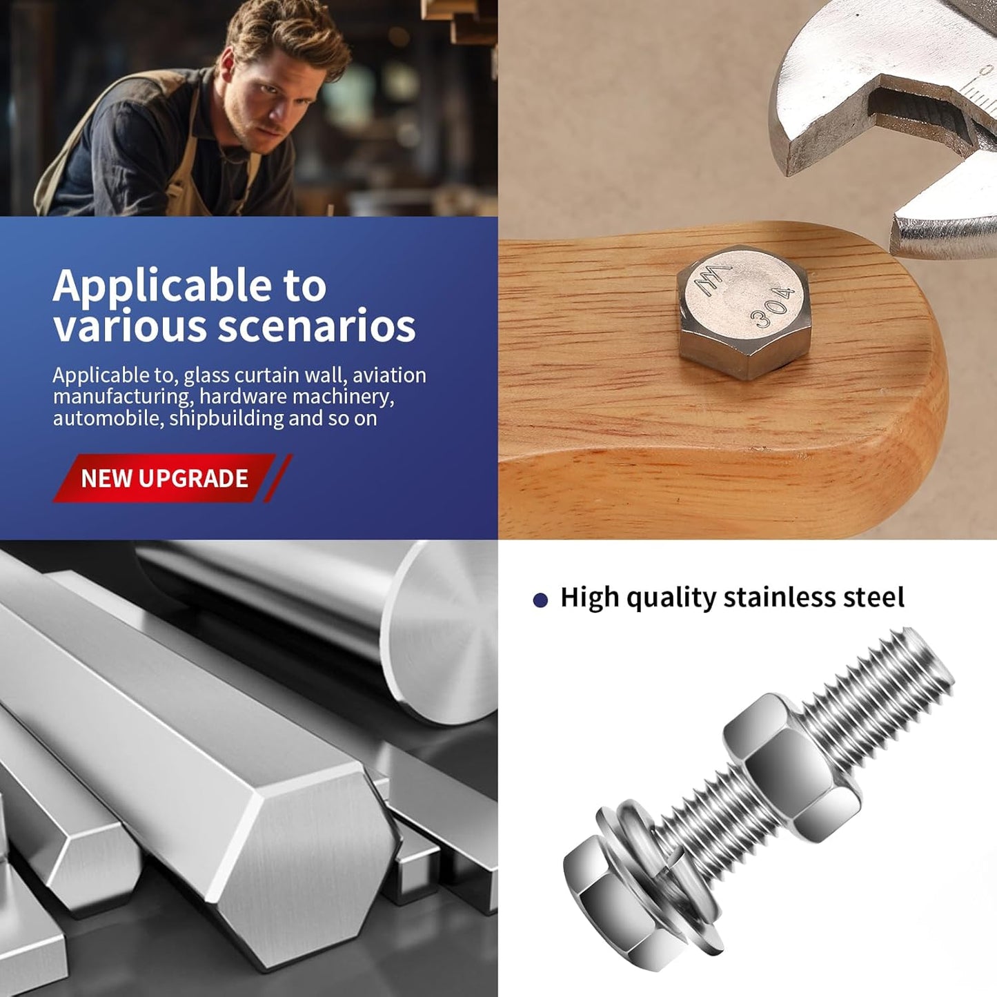 5/16-18 x 3/4" Hex Head Screw Bolt, Nuts, Flat & Lock Washers, 10Pcs 18-8 (304) Stainless Steel, Fully Threaded, by SG TZH