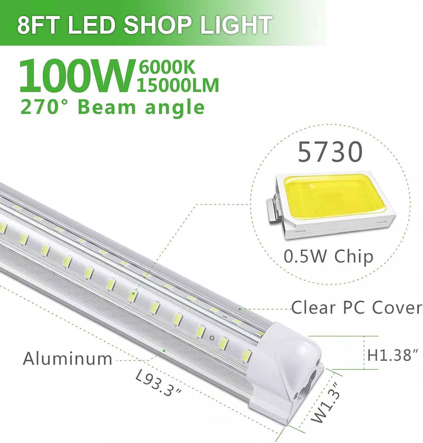 8Pack 8FT LED Shop Light Garage Light,100W 6000K White Light 15000LM Super Bright,Hanging/Surface Mount,Linkable T8 LED Tube Lights for Garage,Warehouse, Workshop,Plug and Play