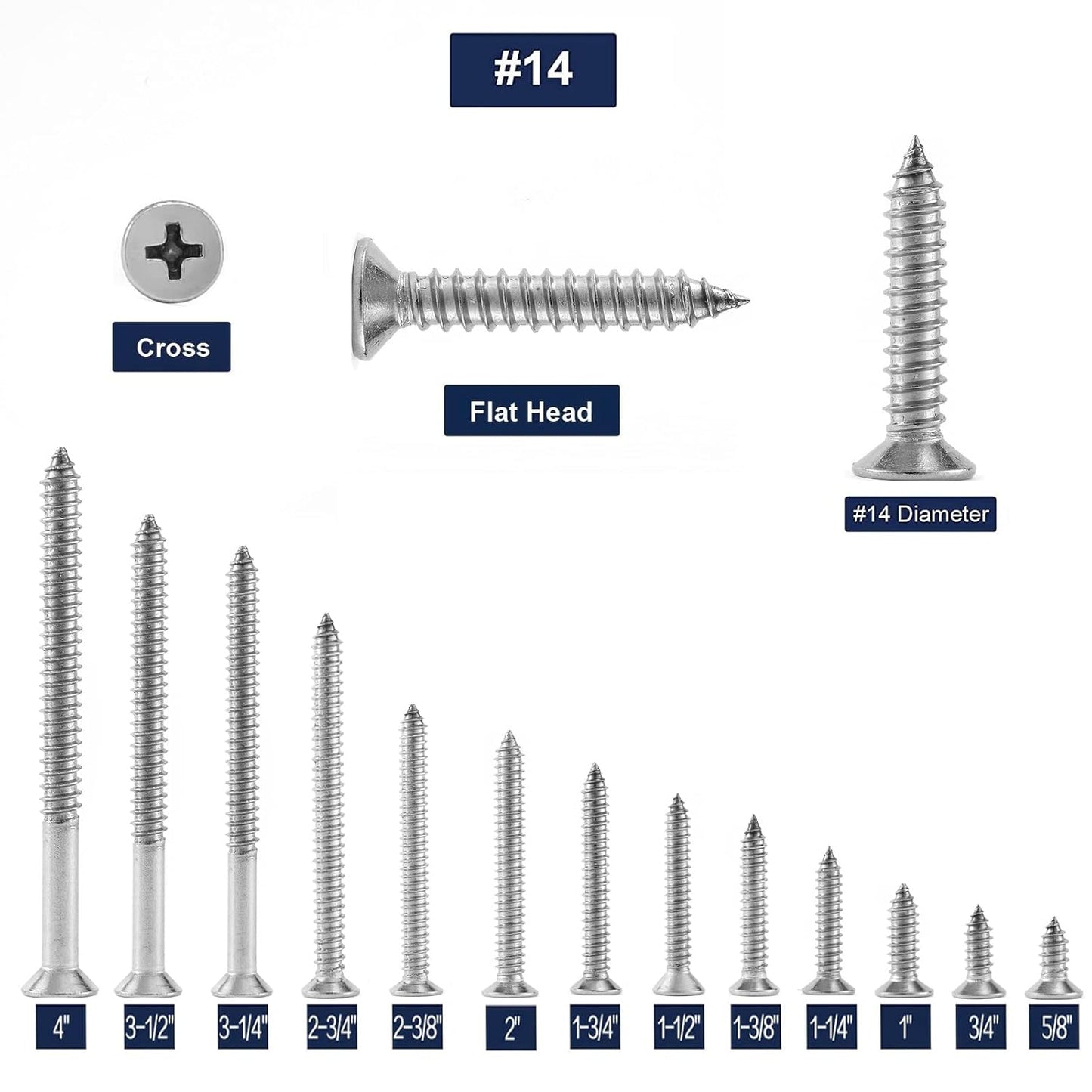 #14 x 3-1/4" Wood Screw 100Pcs 18-8 (304) Stainless Steel Screws Flat Head Phillips Fast Self Tapping Drywall Screws by SG TZH