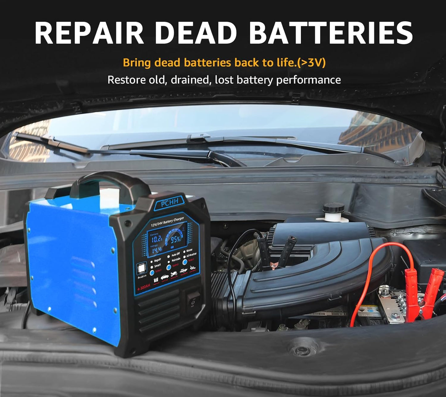 12V 24V Car Battery Charger Heavy Duty, 0-15A Automatic Battery Maintainer, Smart Trickle Charger with Auto Shutoffs, Repair, Winter Mode, for Automotive Car Truck Motorcycle Lawn Mower Boat AGM