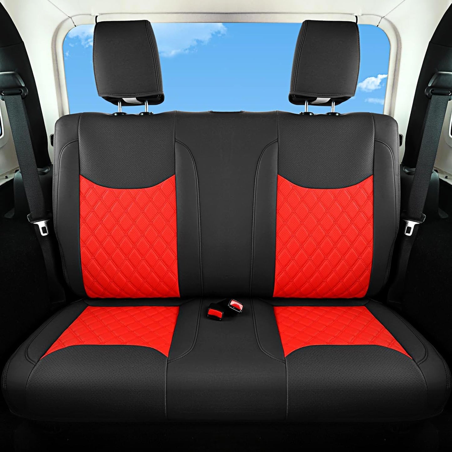 GIANT PANDA Customized Full Set Car Seat Covers for Jeep Wrangler 2 Door JK Sport Sahara Rubicon Freedom Willys Wheeler 2013 2014 2015 2016 2017, Faux Leather - (Black+Red)