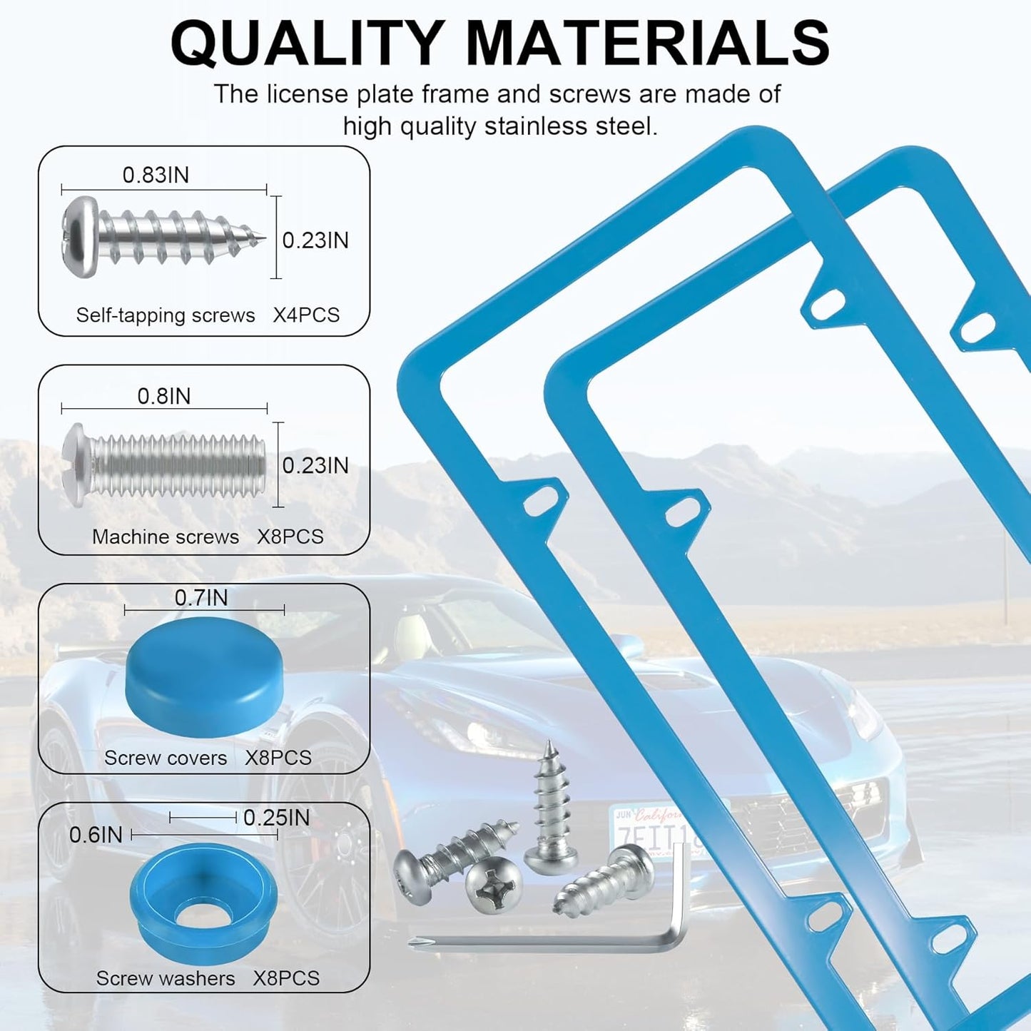 LivTee 4 Holes Stainless Steel License Plate Frames, 2 PCS Car Licence Plate Covers, Automotive Exterior Accessories Slim Design with Bolts Washer Caps for US Vehicles, Blue