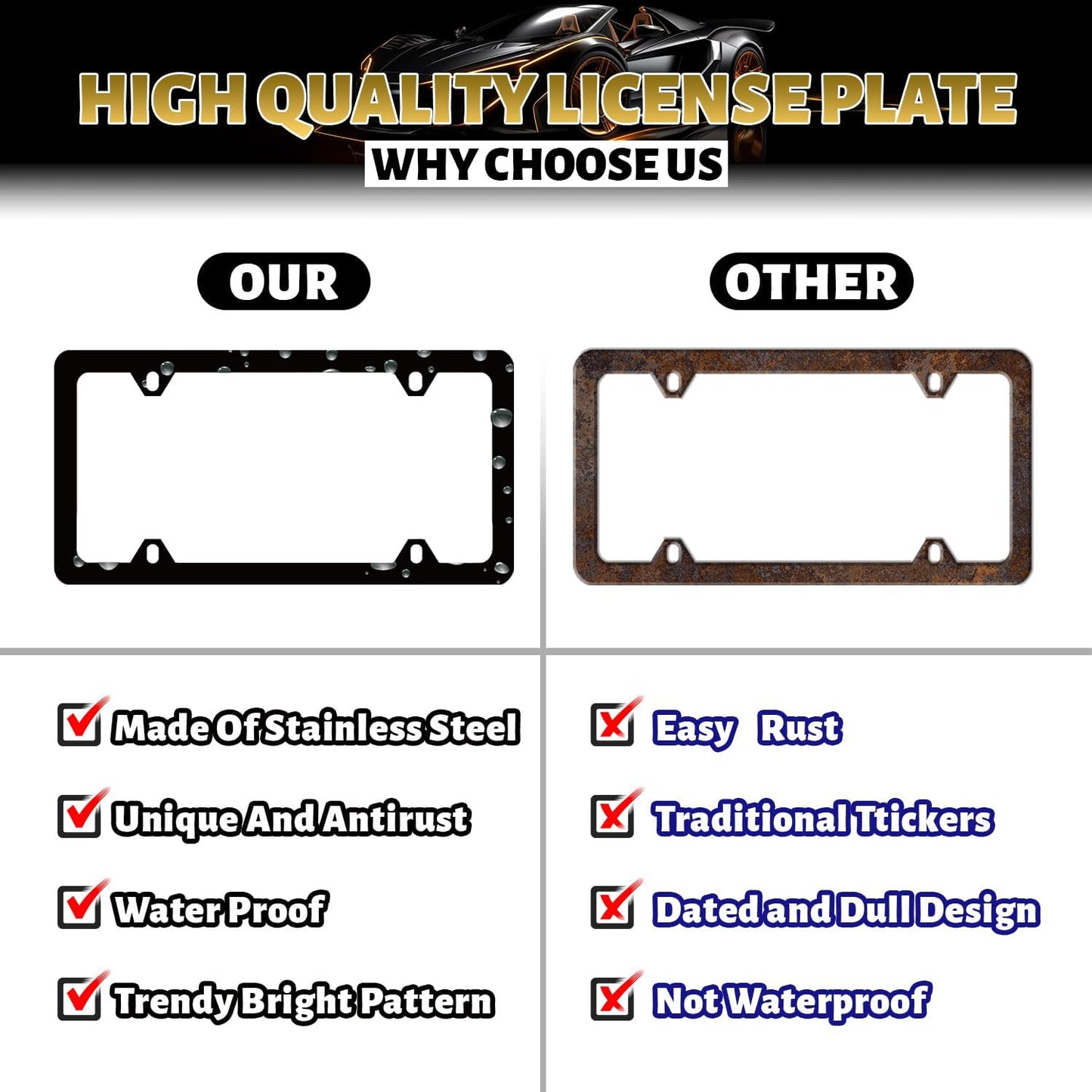 Mountain License Plate Frame Mountain License Plate Holder Stainless Steel Black Funny License Plate for USA Canada 6.3" X 12.3" with 4 Holes and Screws