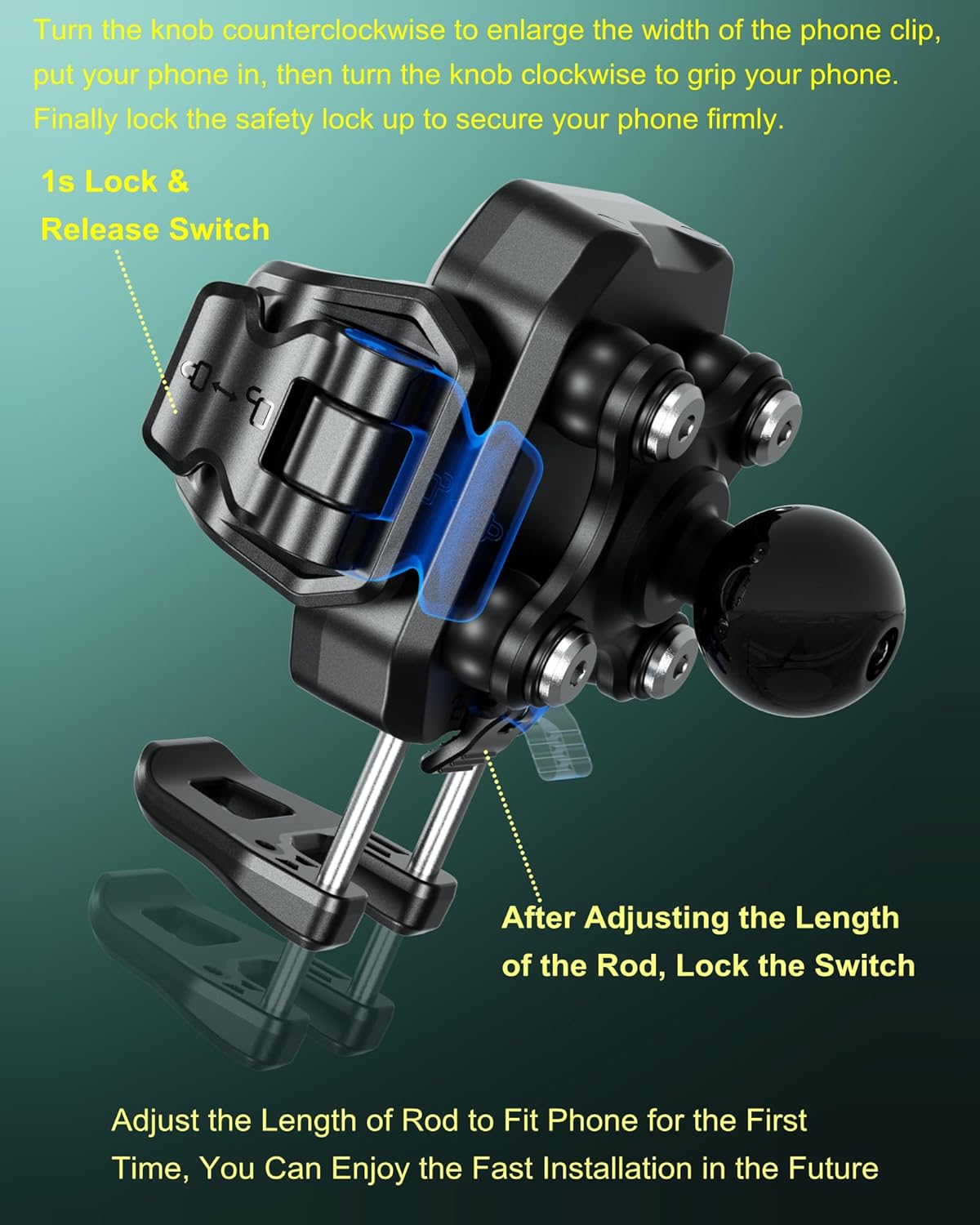 BRCOVAN Anti-Theft Phone Mount Holder with Vibration Dampener [Camera Friendly] [1s Lock & Release] with Aluminum Round Base & Medium Arm, for Car Boat Truck Motorcycle UTV, Fit 5.4-7.2'' Smartphones