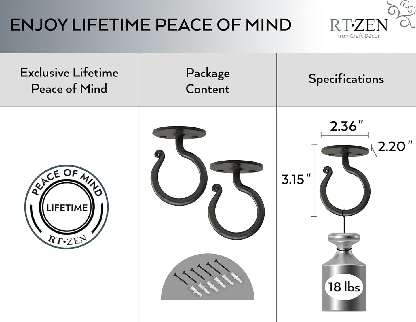 RTZEN Plant Hangers Outdoor or Indoor - Wrought Iron Metal Hanger Indoor Hook - Heavy Duty Wall Bracket Hooks for Hanging Plants Baskets Lanterns Wind Chimes - 2 Pack (Large Black Ceiling Hooks)