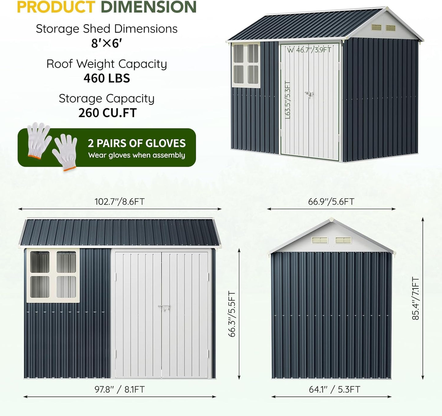 Breezz 6X8FT Outdoor Steel Storage Shed with Clear Window, Lockable Doors, Weather-Resistant Metal Tool Shed for Garden, Backyard, Patio, and Utility Storage.Nightblue