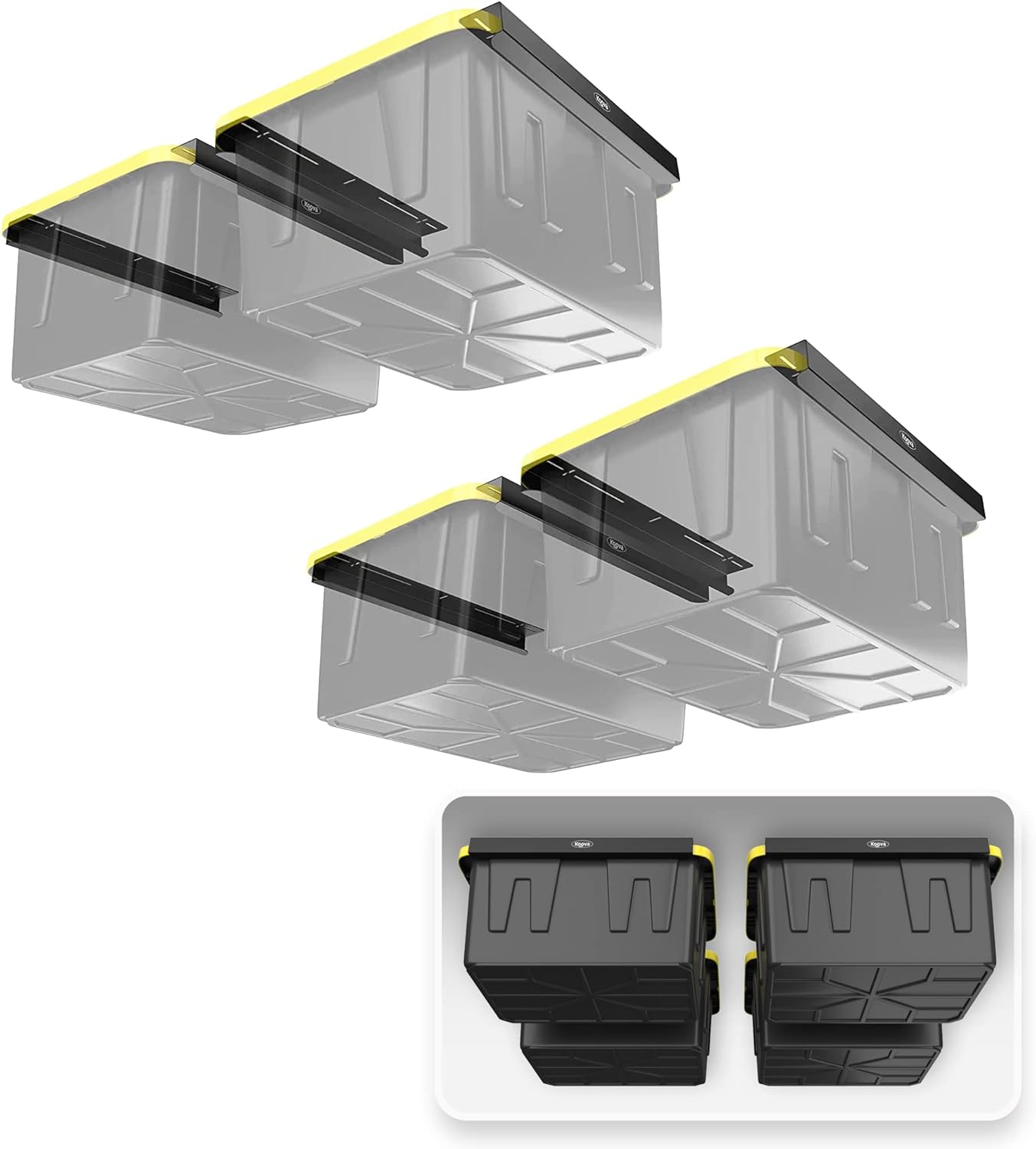 Koova Heavy-Duty Overhead Garage Storage Rack for 4 Bins. Adjustable Width, 160lb Capacity. DIY Safe Ceiling Mount, Easy Install. Fits 27-Gallon Totes. USA Made Pro-Grade Steel. Space Saving Organizer