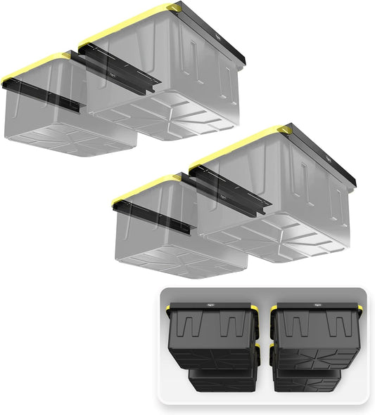 Koova Heavy-Duty Overhead Garage Storage Rack for 4 Bins. Adjustable Width, 160lb Capacity. DIY Safe Ceiling Mount, Easy Install. Fits 27-Gallon Totes. USA Made Pro-Grade Steel. Space Saving Organizer