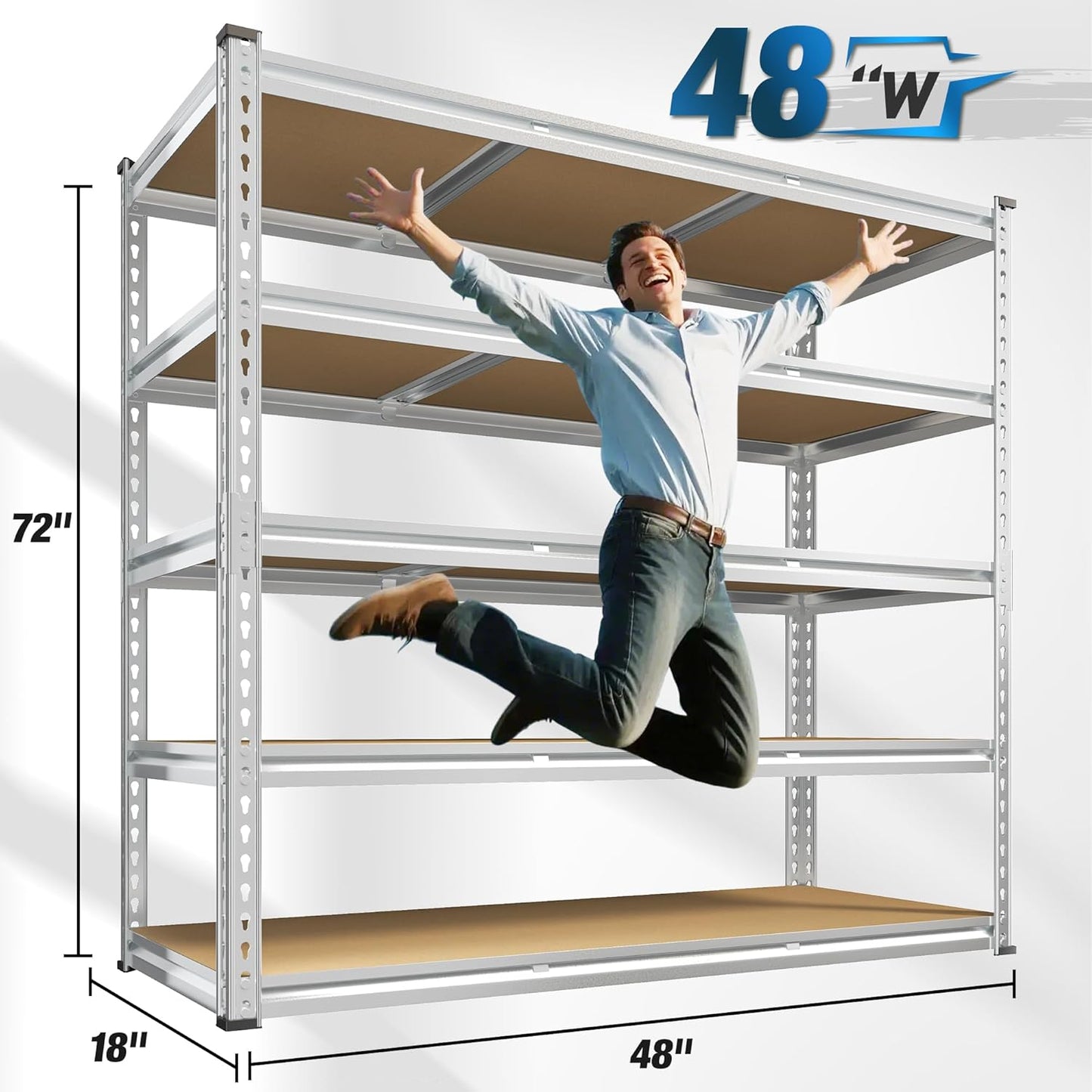 REIBII Garage Shelving, 5 Tier Storage Shelves Load 3000LBS, Adjustable Garage Shelving Heavy Duty, Metal Shelves Unit for Basement, Warehouse, 48" W x 72" H x 18" D, Galvanized