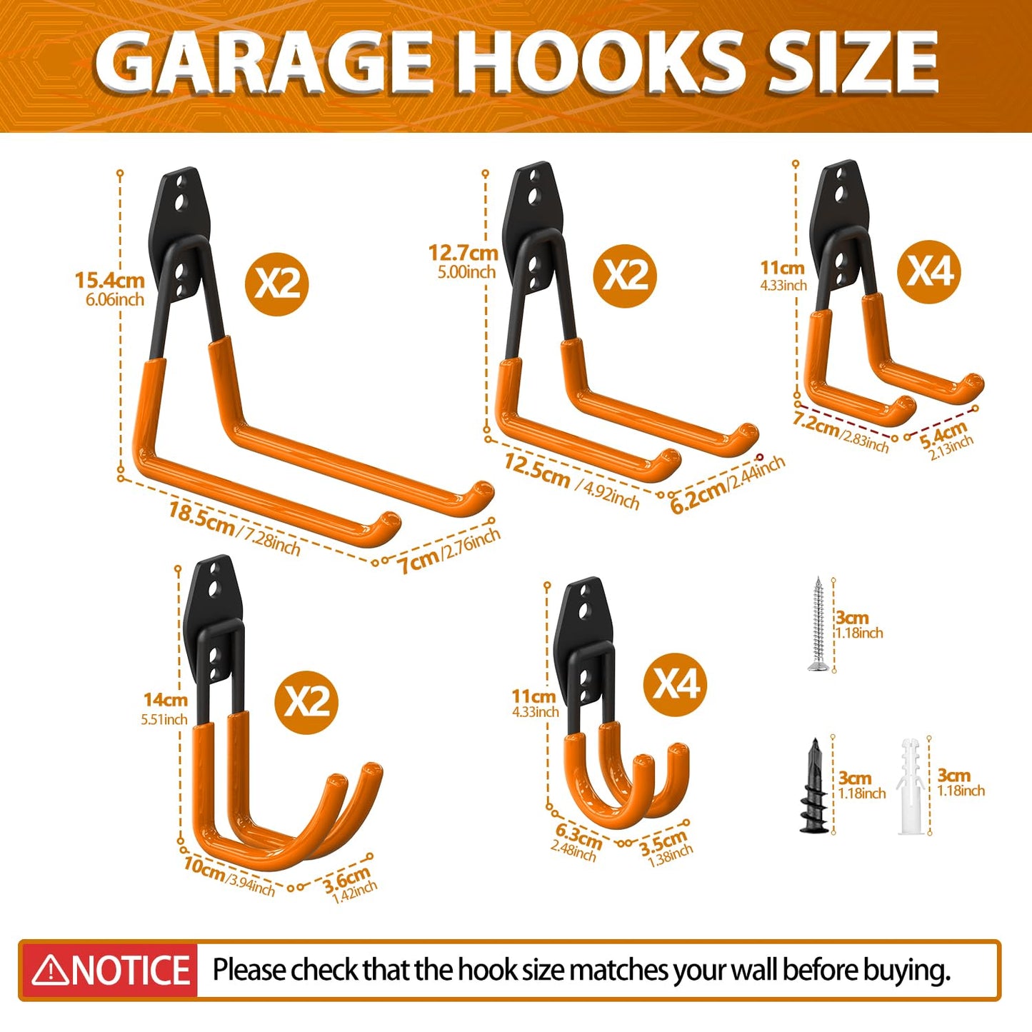 3-H Garage Wall Hooks 42 Pack, Heavy Duty Garage Hooks with Extra Welding Spots, Wall Mount Storage Organizer for Hanging Garden Lawn Tools, Ladder, Bike, WeedEater, Chair, Shovel, Blower (Orange)