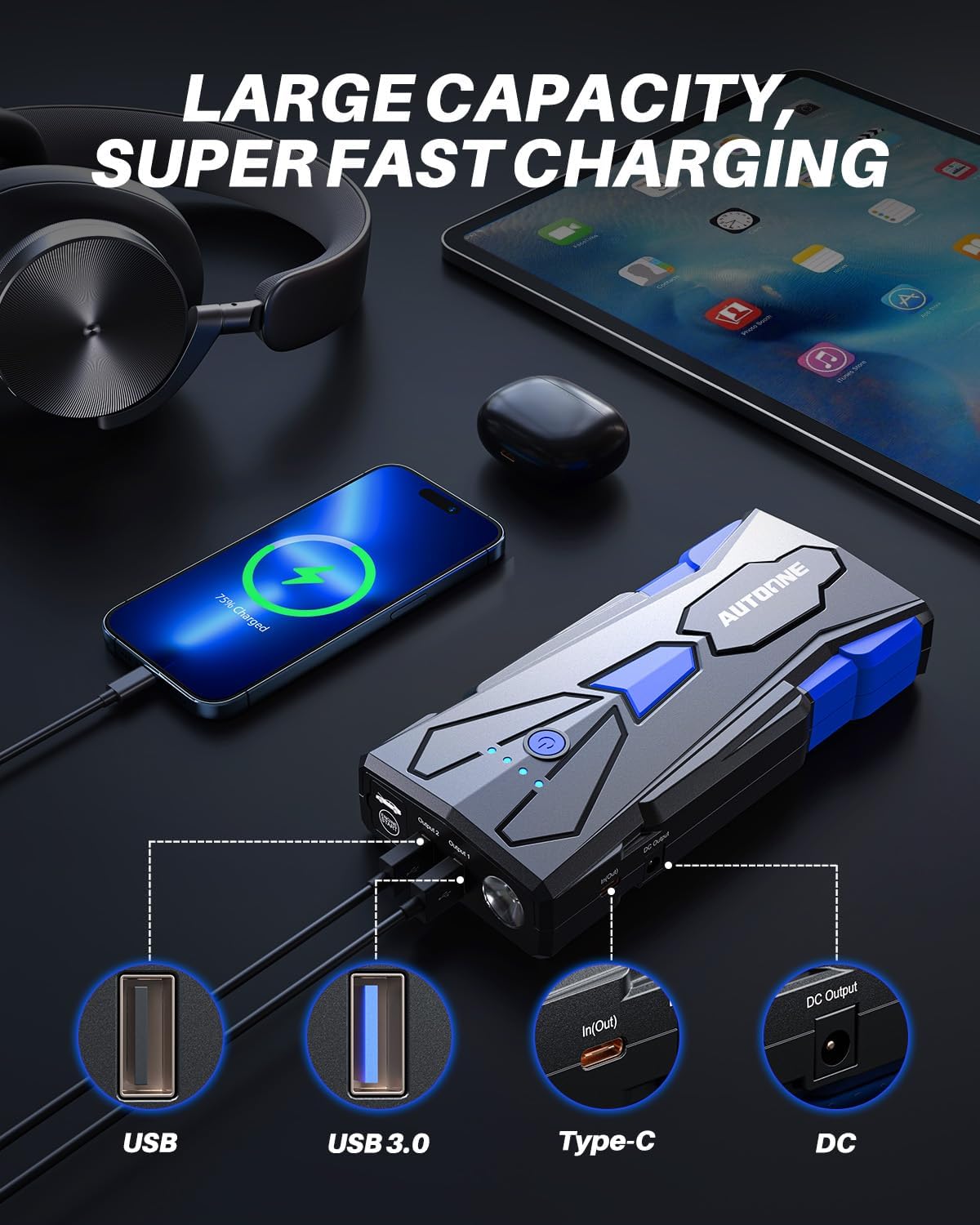 AUTOONE 6000A Car Battery Jump Starter Up to All Gas & 12L Diesel Engine, Car Battery Jumper Starter Portable 12V Jump Box with USB Output, Storage Case, LED Flashlight