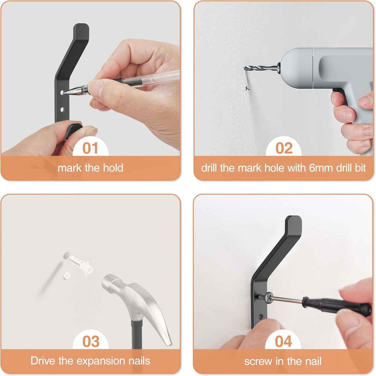 Wall Hook for Hanging Coat - 20LB (Max), Stainless Hooks for Towel, Hat, Backpack, Clothes, Wall Mounted Coat Hanger for Closet, Metal, Black, 6 Pack 3.75“